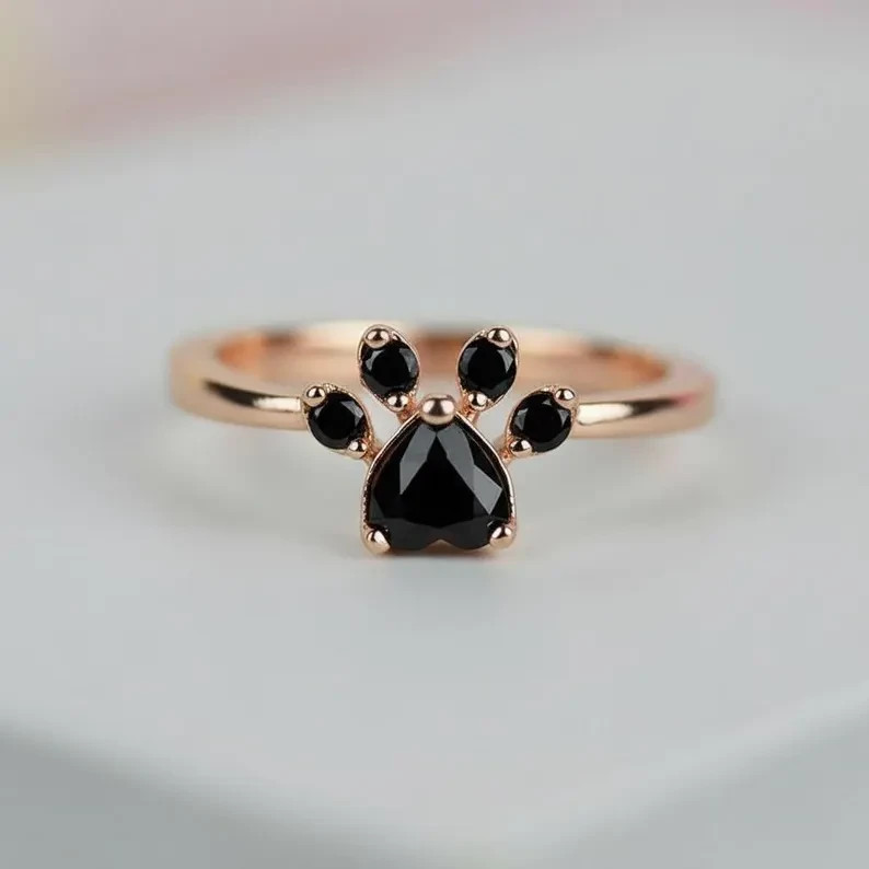 Minimalist Paw Print Heart Cut Lab Created Diamond Ring 14k Rose Gold Plated