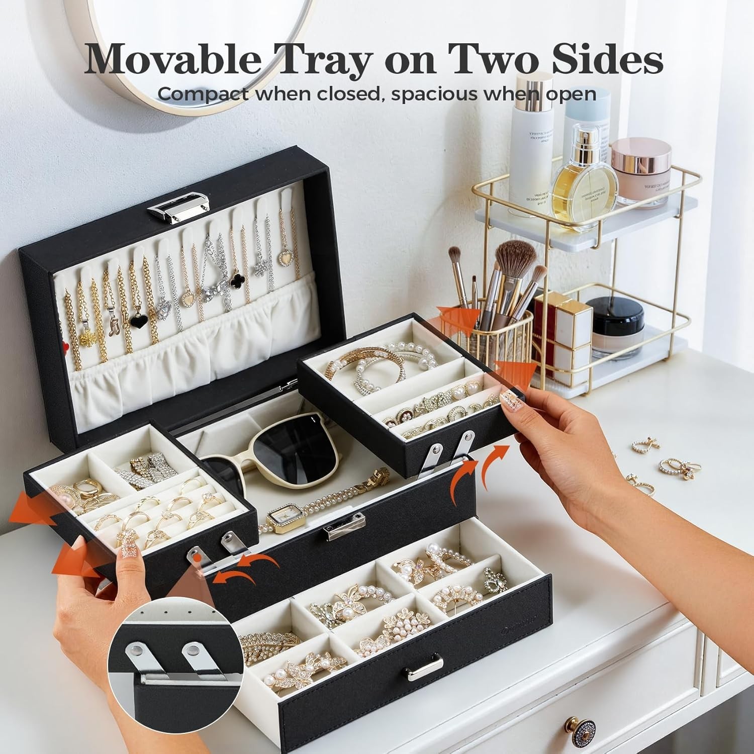 Jewelry Organizer Box Large Storage Case with Drawer for Women Girls Black