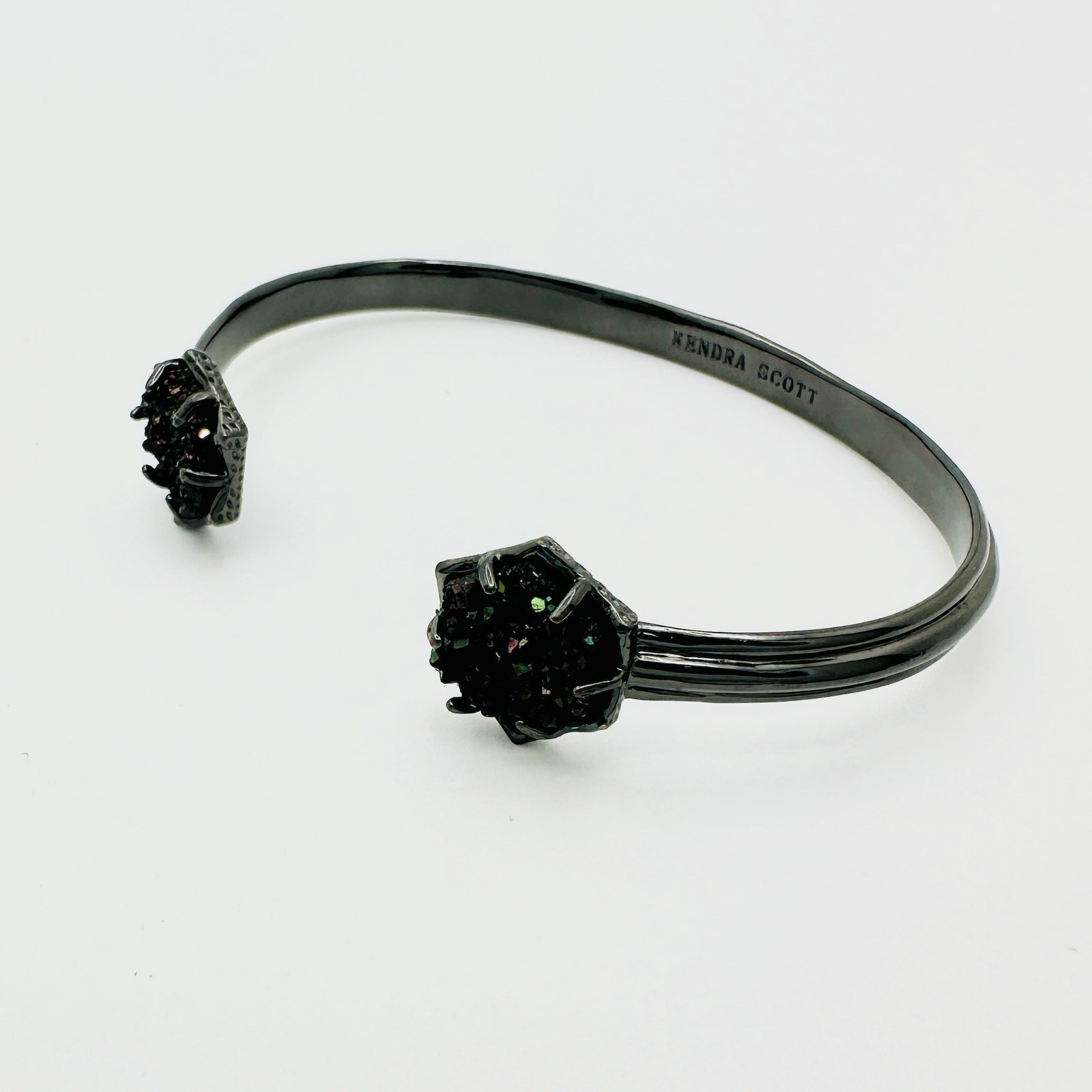 Retired Kendra Scott Arden Black Drusy Quartz Cuff Bracelet Gunmetal Signed 2015
