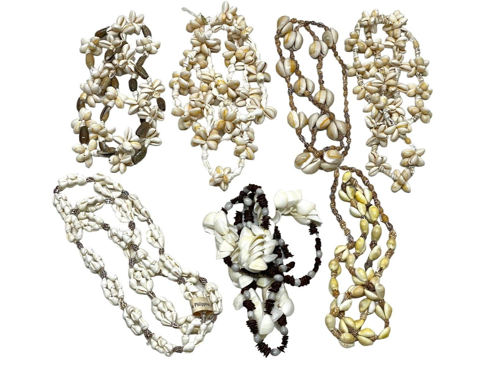(7) Vintage Philippines Cowrie Mixed Shell Long Strand Necklaces Hippy Boho