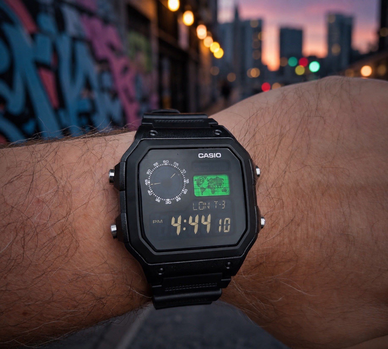 CASIO AE-1200WHD. Royale World Time Watch Mod. Green, Negative Display,