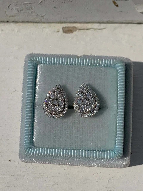 1.50 Ct Round Cut Real Moissanite Pear Stud Earrings 14K White Gold Finish
