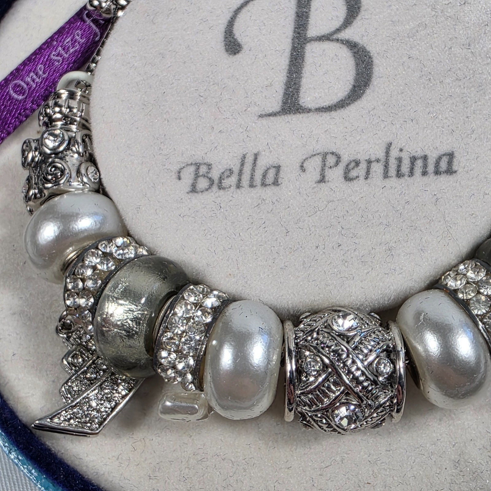 Bella Perlina Silver-Tone Charm Bracelet White Pearl Beads Crystal Accents NEW