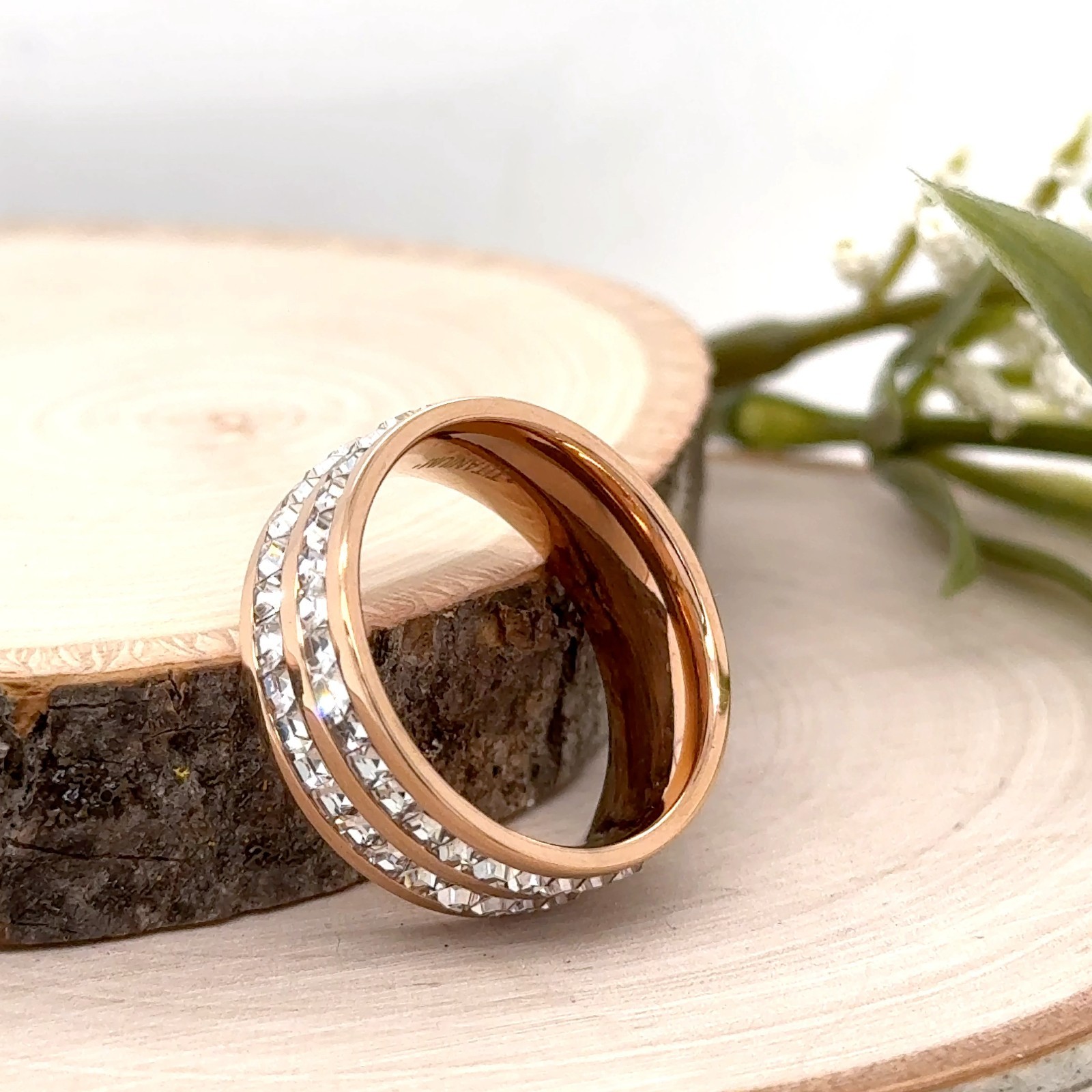 8mm Rose Gold Titanium Wedding Band Dual CZ Diamond Inlay Lightweight Ring