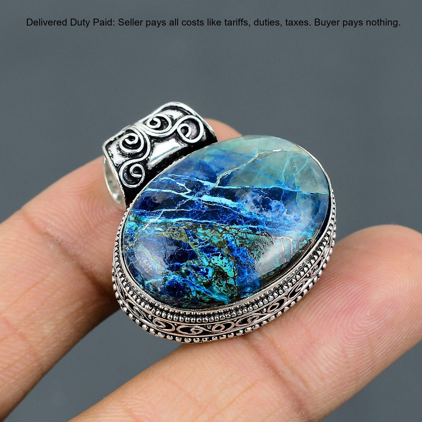 925 Sterling Silver Azurite Malachite Gemstone Unique Vintage Engagement Pendant