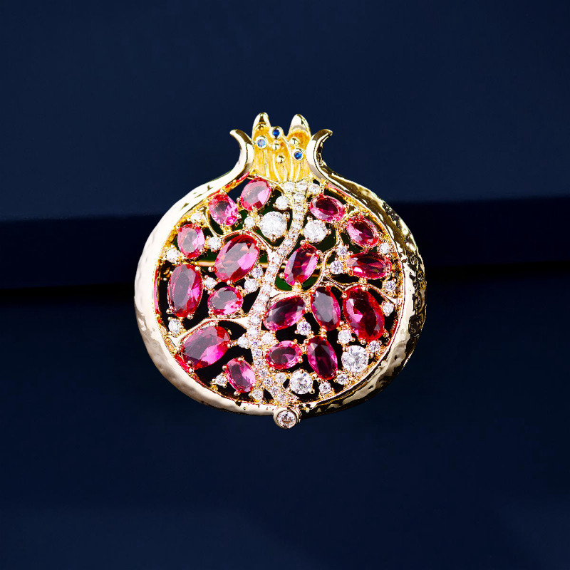Gold Plated Red Cubic Zirconia CZ Pomegranate Fruit Brooch Pin