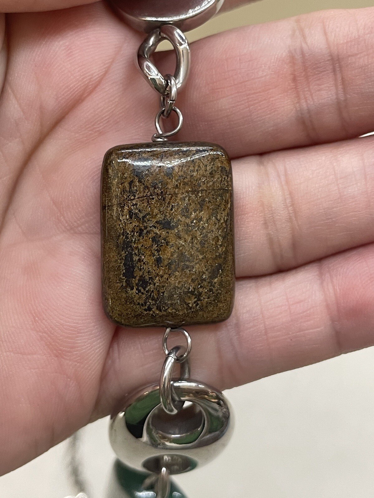 28″ Stainless Steel Green & Brown Stones Figaro Necklace W/ Artist’s Stamp