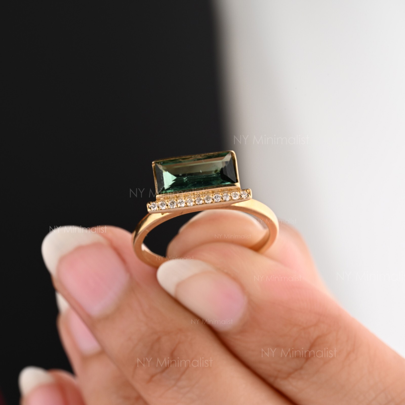Horizontal Baguette Green Tourmaline and Pave Diamond Bar Ring In 14K Solid Gold