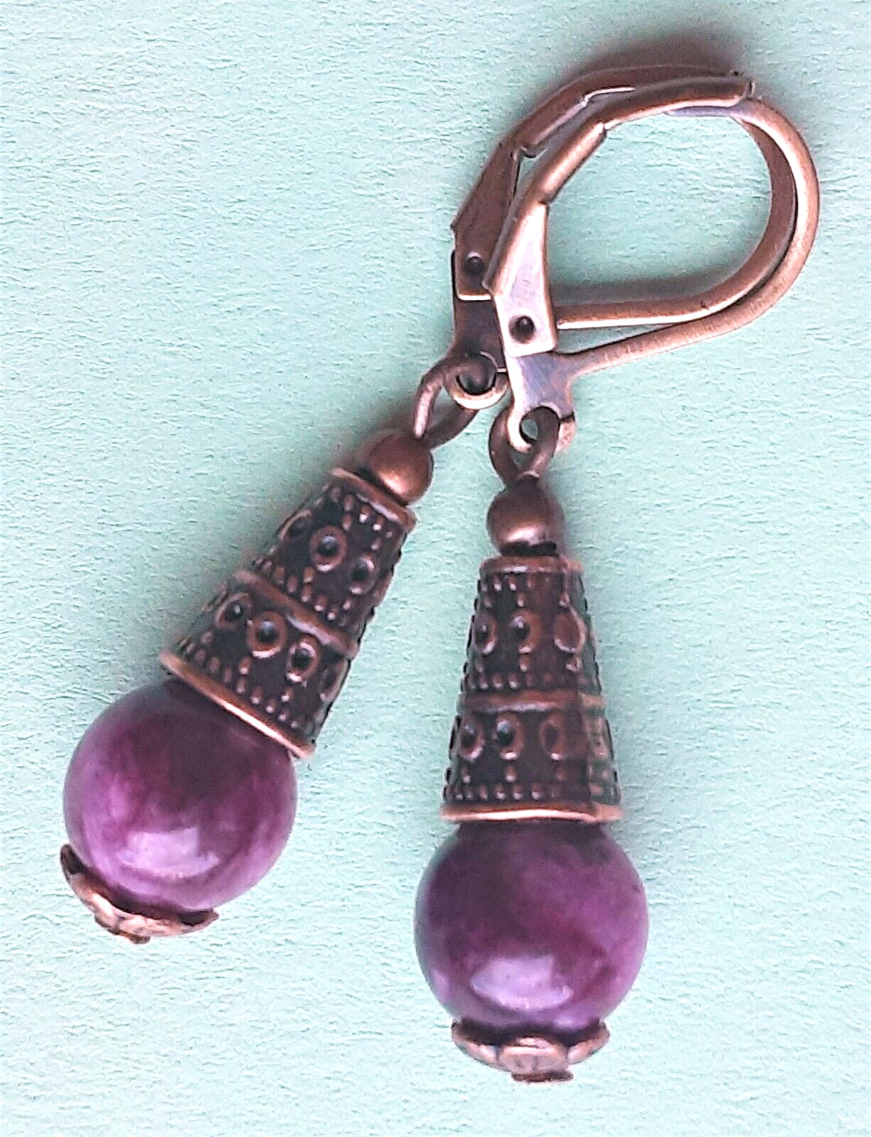 VIOLET MICA JADE CONE earring LEVERBACK SP handcrafted XX