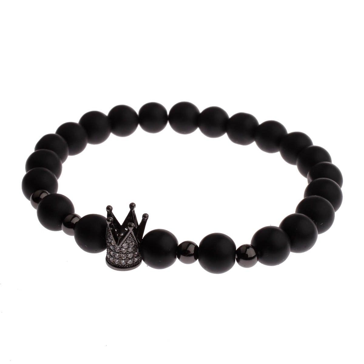 Gorgeous Crown Natural Stone Matte Black Charm Men’s CZ Copper Bead Bracelet