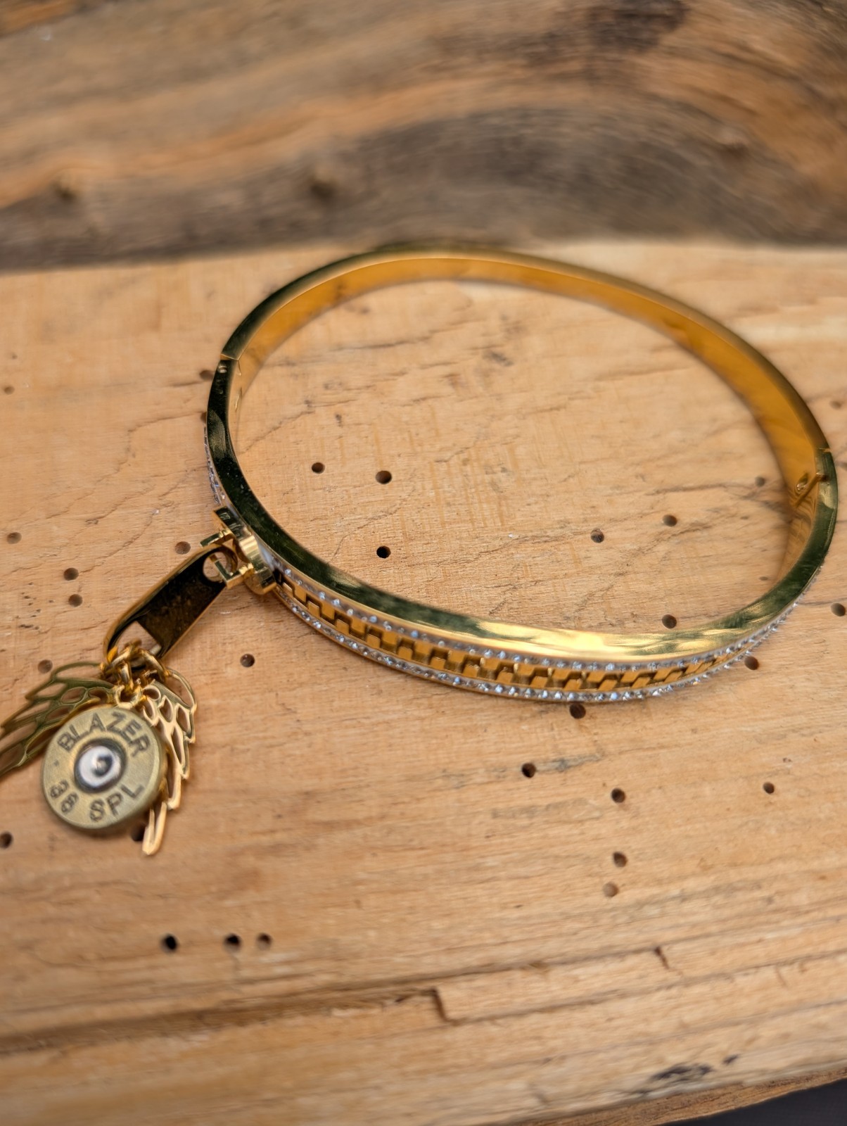 Silver or Gold Stainless Zipper wing and Bullet Bracelet. Optional Glass Crystal