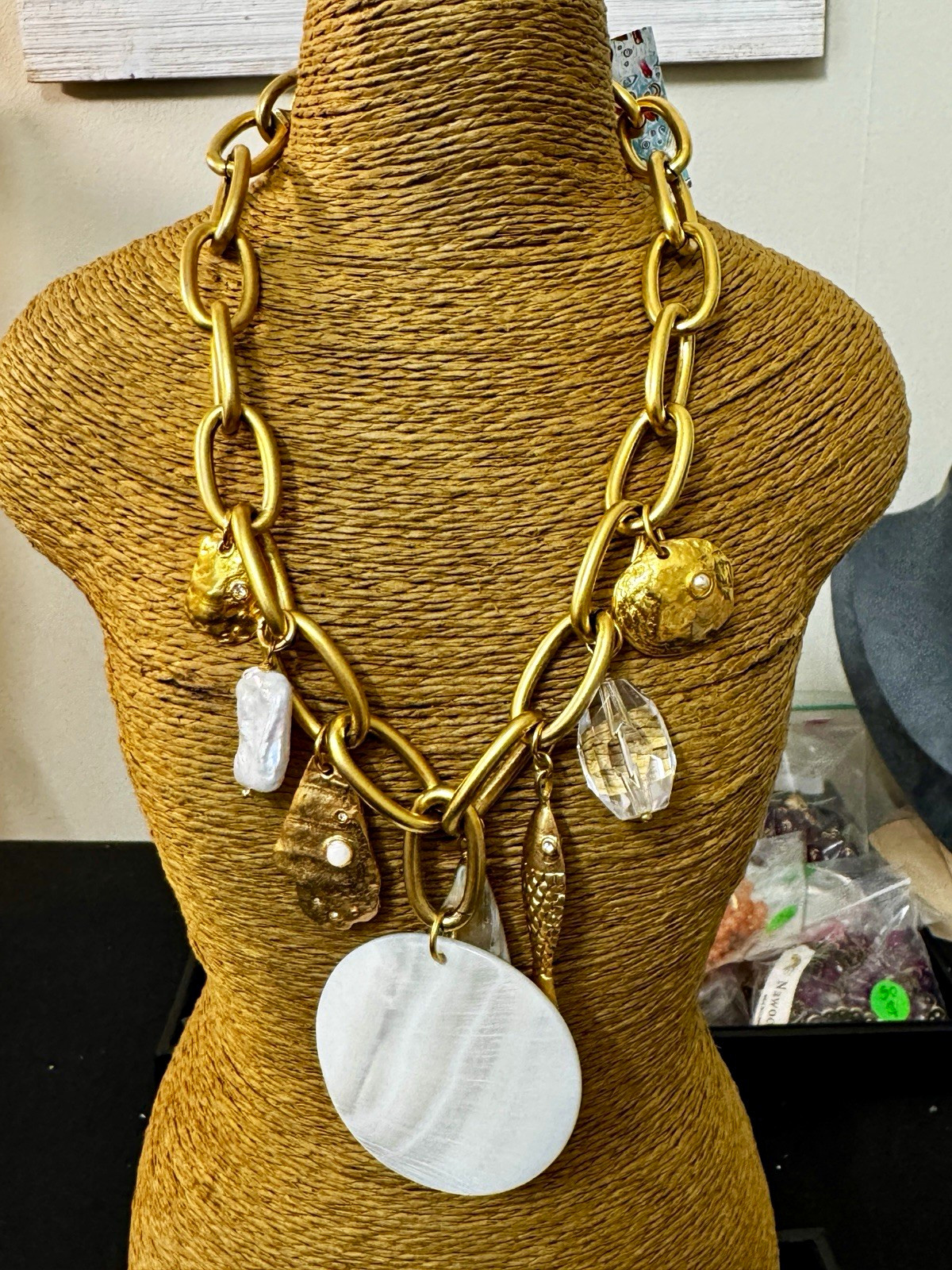 Sequin Gold Tone Link Chain Crystal Charm Necklace Mother of Pearl Shell Disc