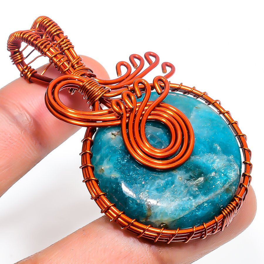 Neon Apatite Gemstone Copper Pendant Handcrafted Wire Wrap Gift Jewelry 2.3″ L65