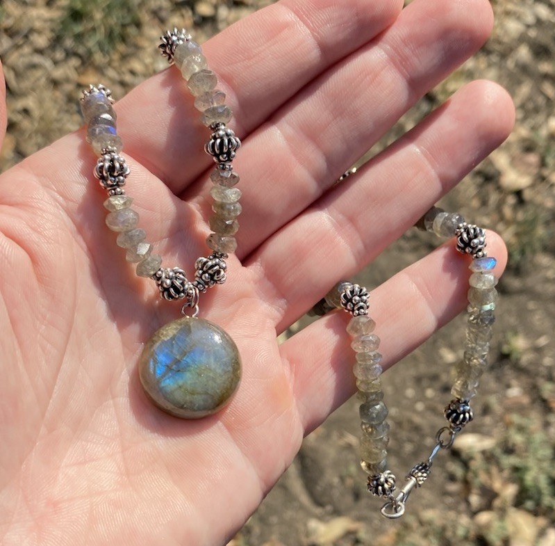 Handmade Labradorite Gemstone Necklace w/ 925 Silver Spacers & Hook Clasp 18”