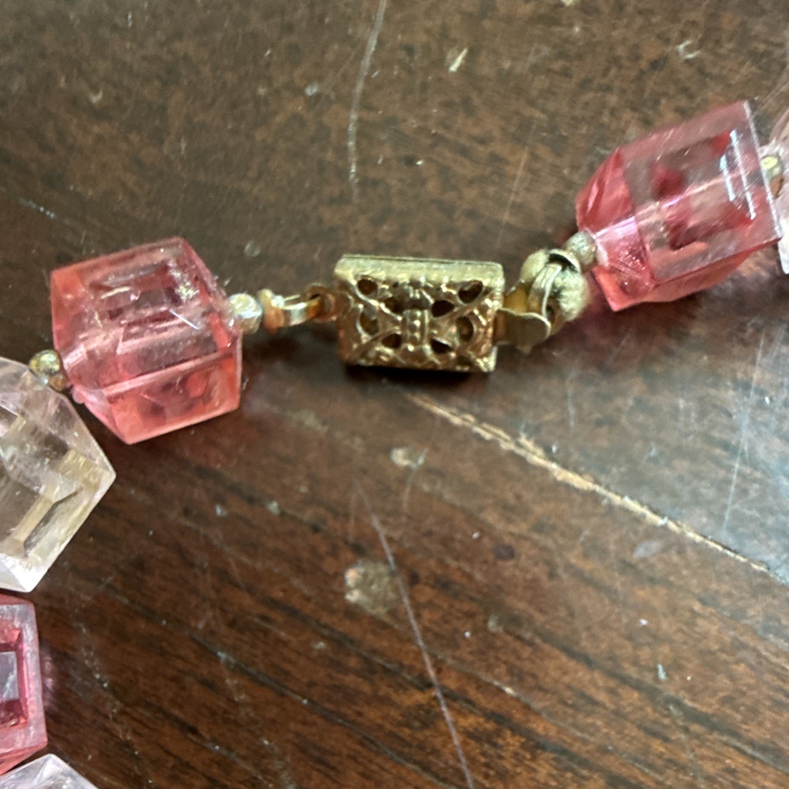Pink & Clear Glass Cube Beaded Necklace Ball/Bead Chain Push Lock Clasp