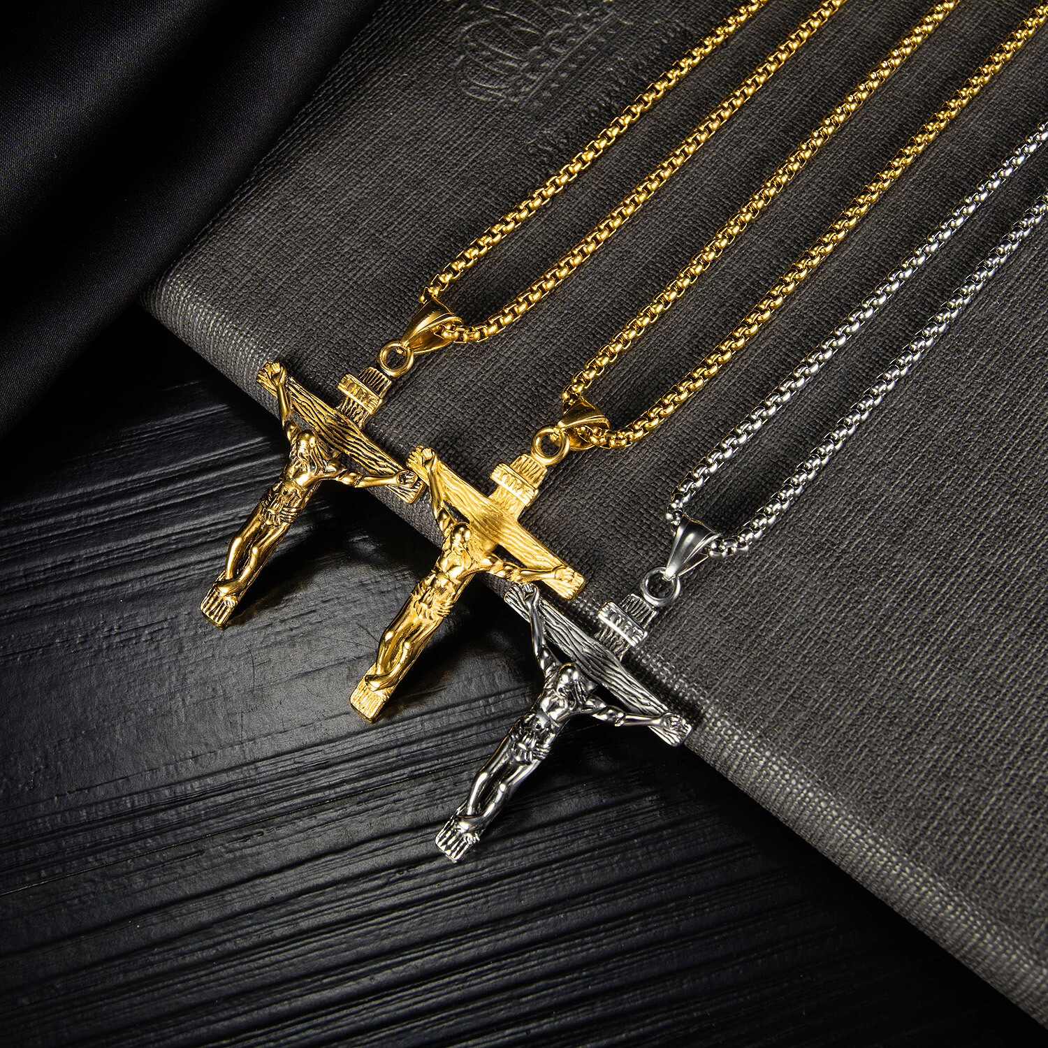 Men Stainless Steel Gold Silver Black Jesus Crucifix Pendant Chain Necklace