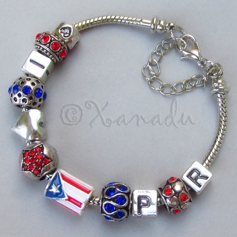 Puerto Rico European Charm Bracelet With I Love PR And Puerto Rican Flag Bead