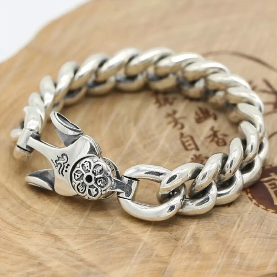 Solid 925 Sterling Silver Chain 14mm Mantra Curb Cuban Link Bracelet 114g/8.6in