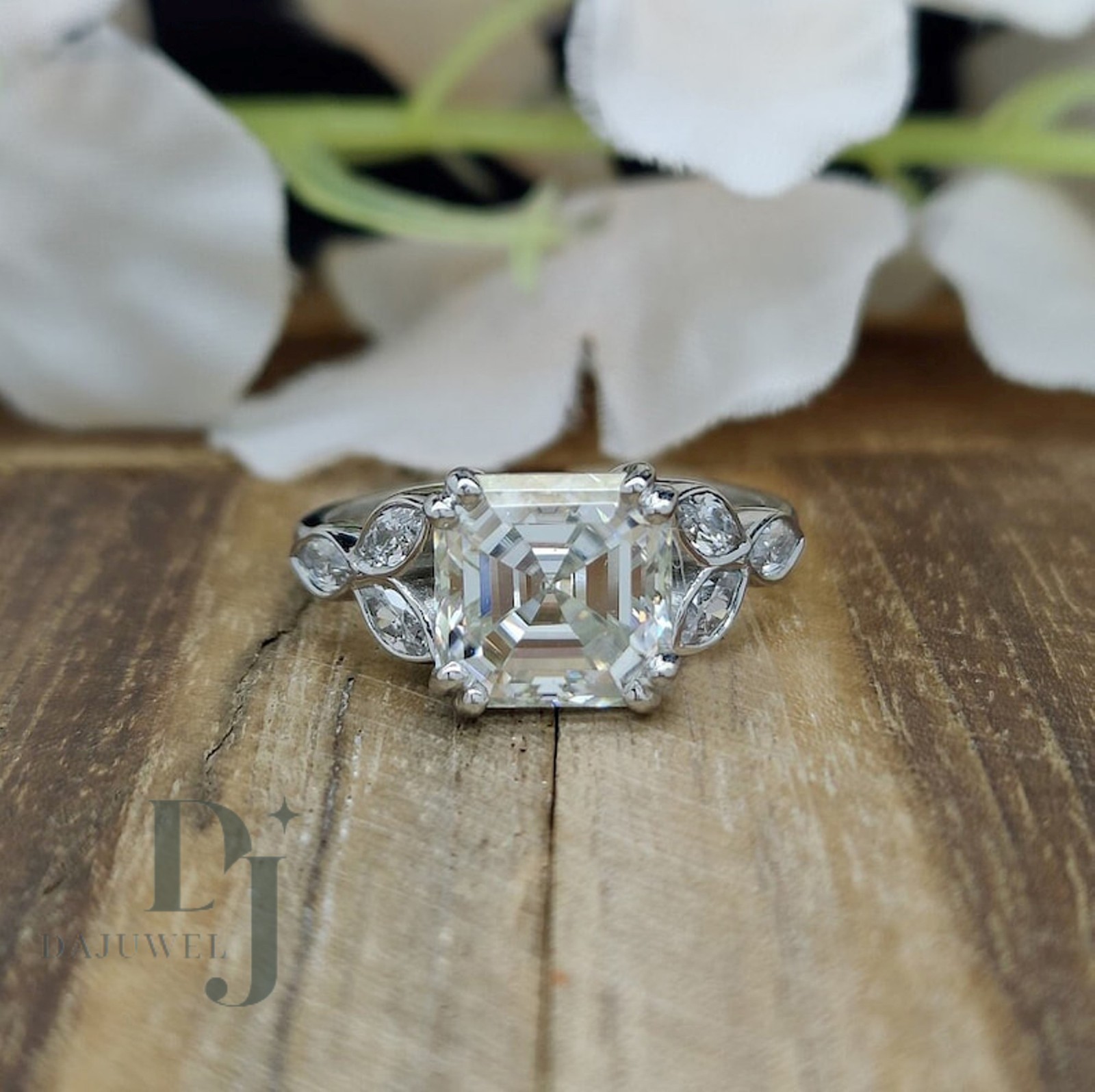 Moissanite Fancy Engagement Ring Solid 14K White Gold 2.30 CT Asscher Cut F/VVS1