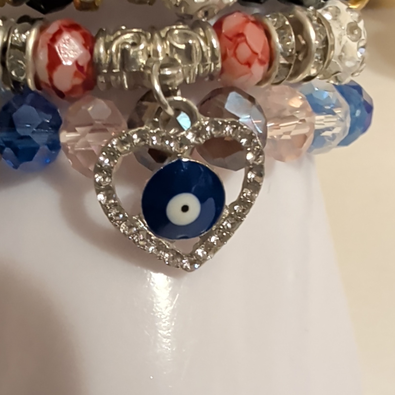 Beaded Stretch Stackable Bracelet Set Multicolor w/ Heart Evil Eye Dangle