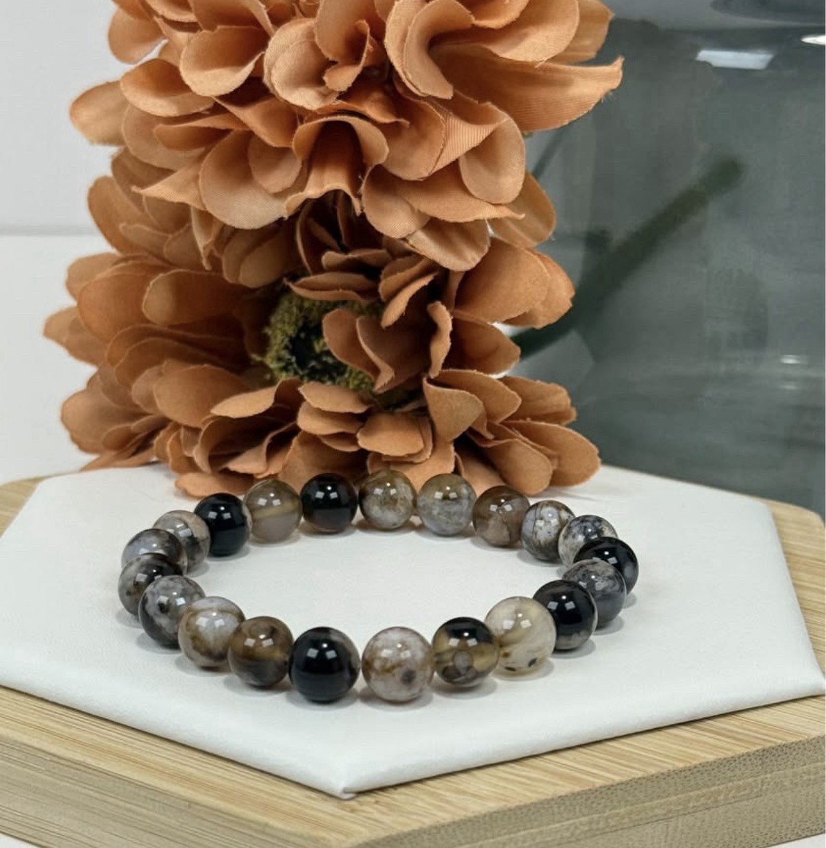 Flower Agate Black Bead Bracelet 9.7MM