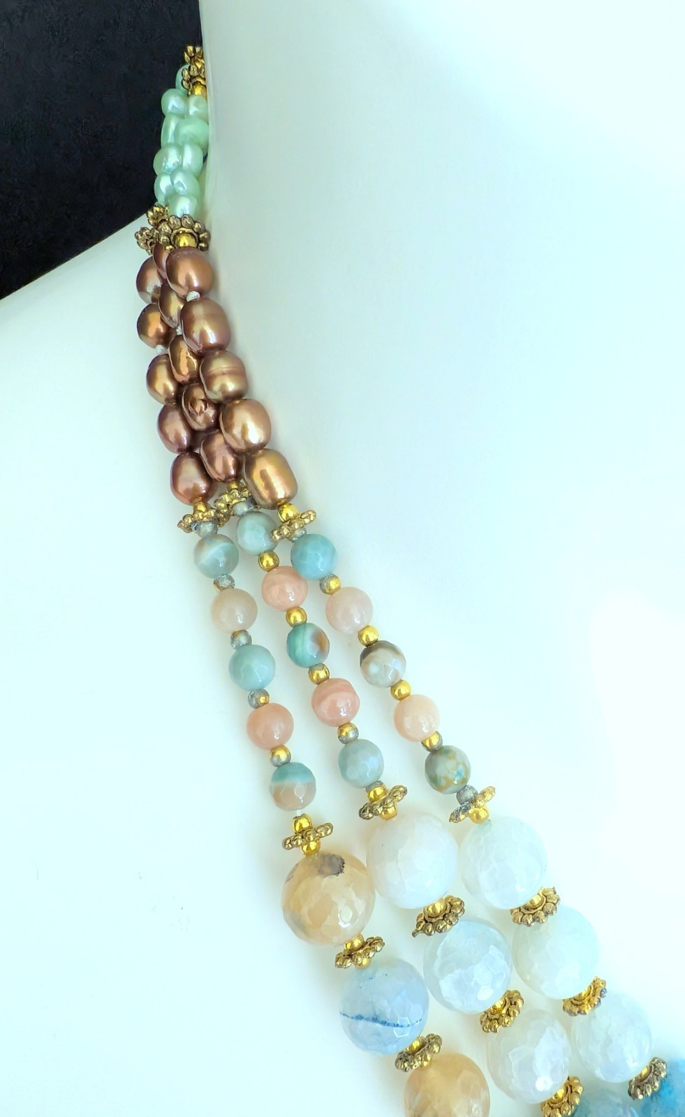 Gorgeous Triple Strand Assorted Blue Agate Brown/Green Pearl Necklace