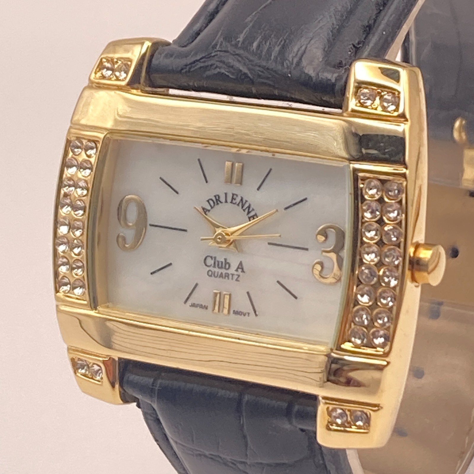 Adrienne Womens Watch 36mm Gold Tone Crystals MOP Dial Bling New Battery 8″