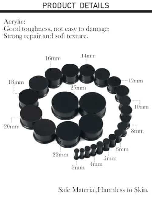 8G-25mm Black Soft Solid Silicone Ear Gauges Stretching Kit Black 8G-25mm