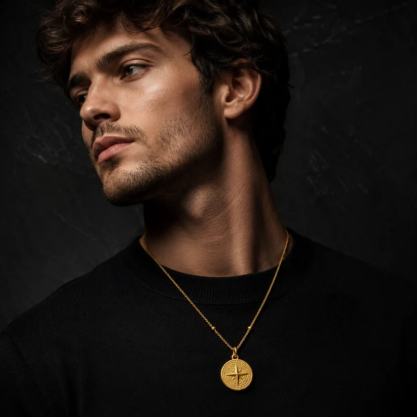 Elevated Pieces Men’s Gold Beaded Compass Pendant Necklace 18K PVD Steel