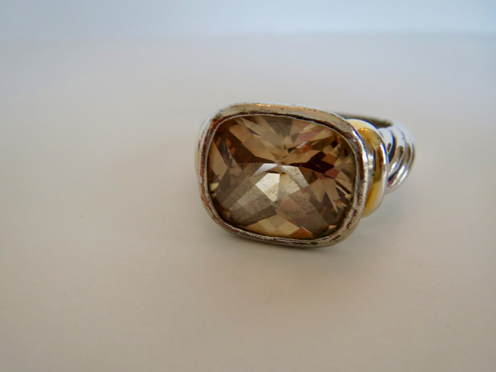 18K HG Electroplate Silver Twisted Cable Faceted Quartz RING Size 8 Two-Tone