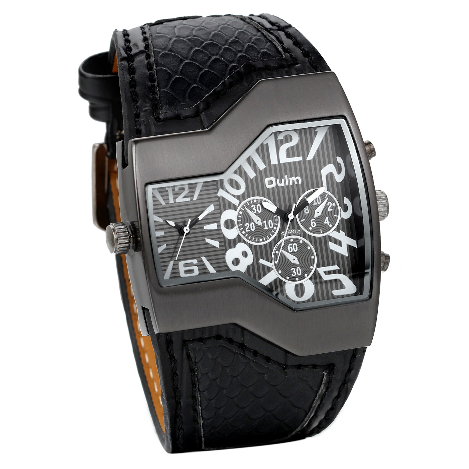Men Unique Sports Military Army Dual Time Zones Quartz Leather Strap Wrist Watch