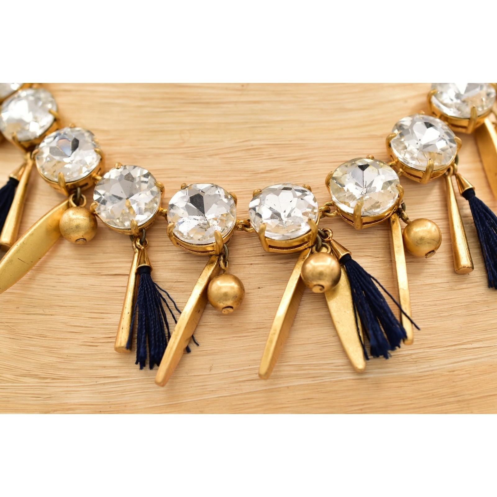 Ann Taylor Vintage Crystal Collar Necklace Dangle Navy Brushed Gold Chunky BinBL