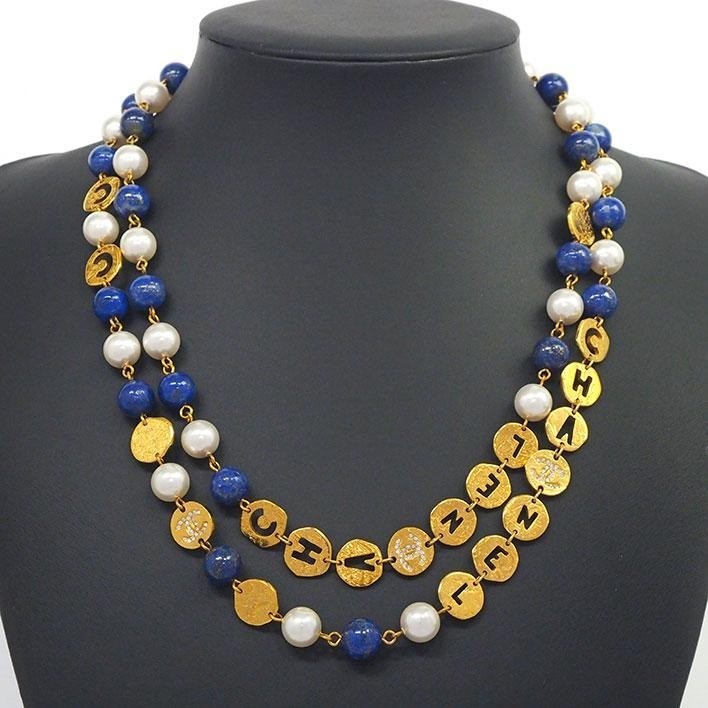 CHANEL Necklace Coco Mark Logo Openwork Long Gold/Blue Women’s w/Box