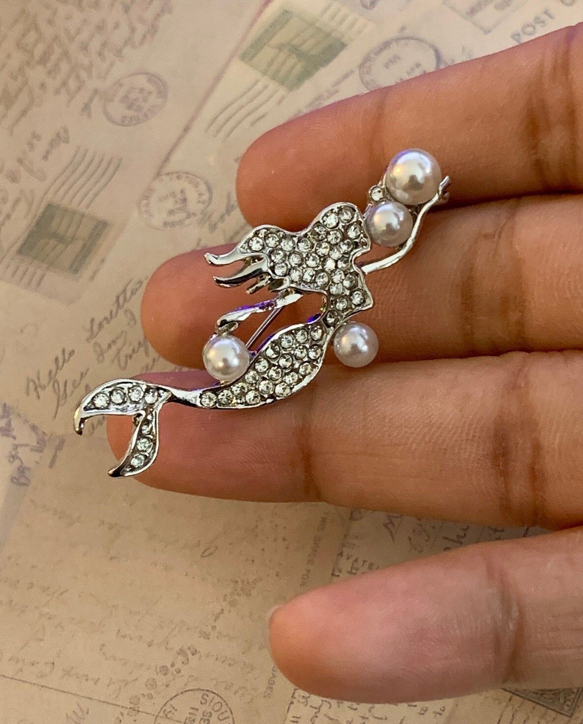 Rhinestone Mermaid Brooch Faux Pearl Nautical Accent Mythical Sea Siren Pin