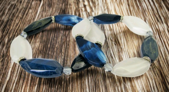 Denim Blue and White Bead Stretch Bracelet Set of Two, multi color bracelet NEW