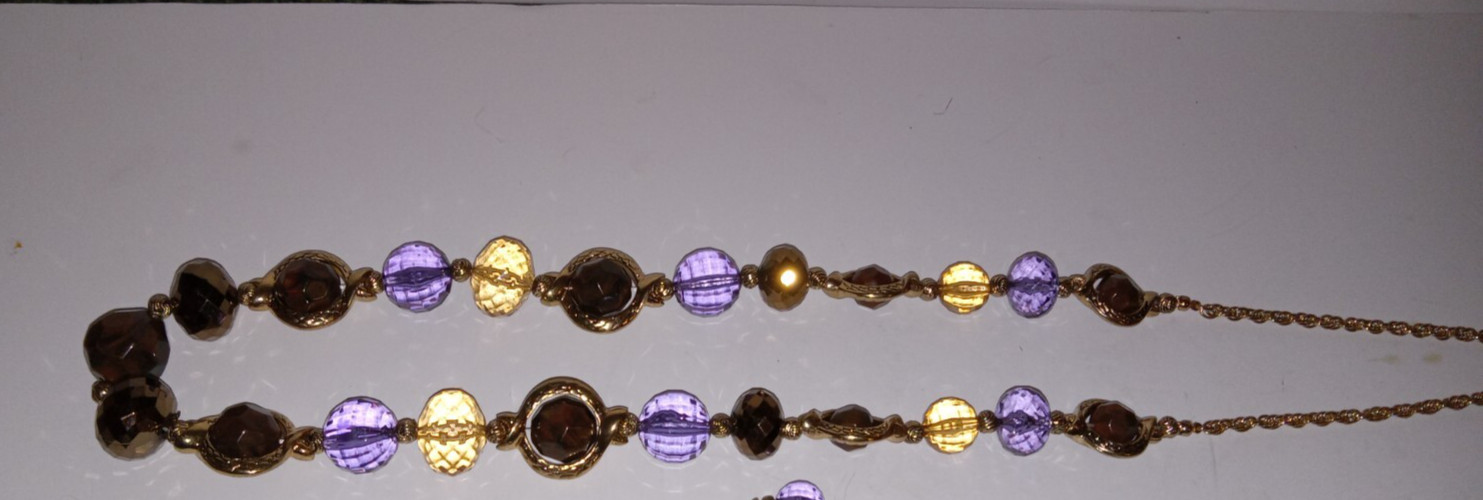 Multicolor Glass Bead Necklace 38″ Long Purple Amber Brown Gold Tone Chain Wrap