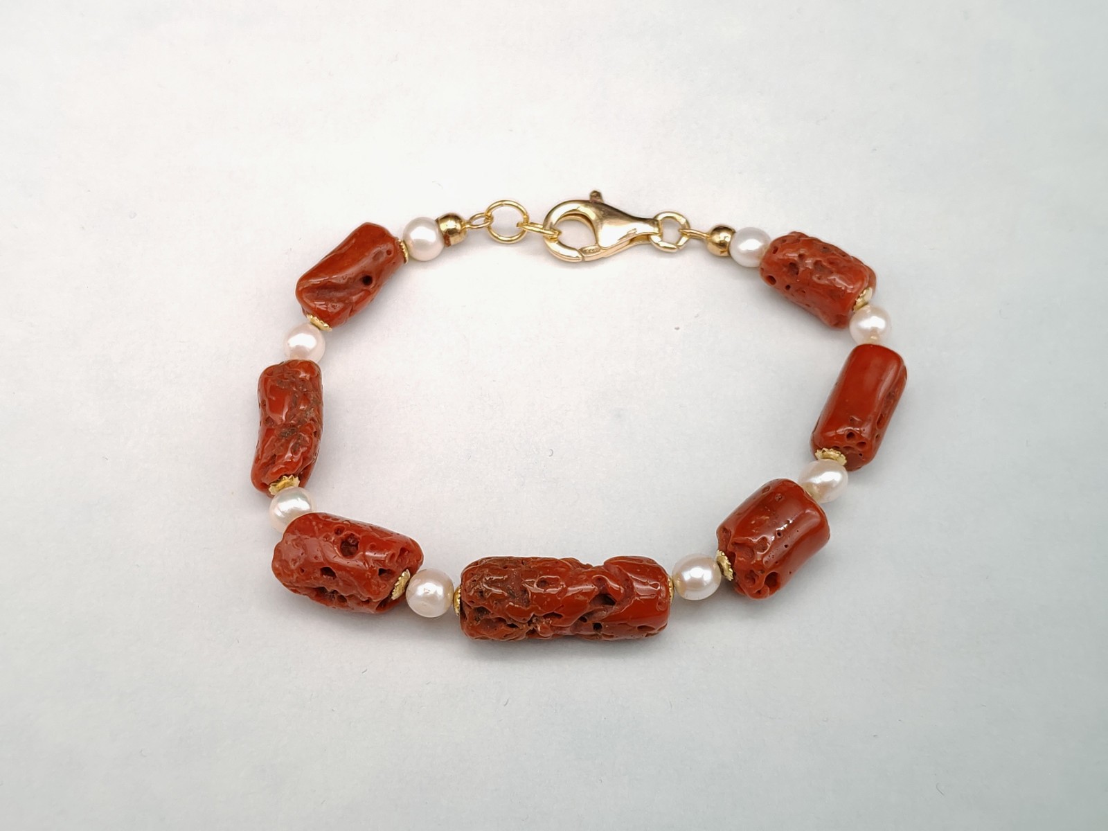 Women’s Red Coral Sardinian Bracelet Natural Real Pearl Silver 925 Gold Plac