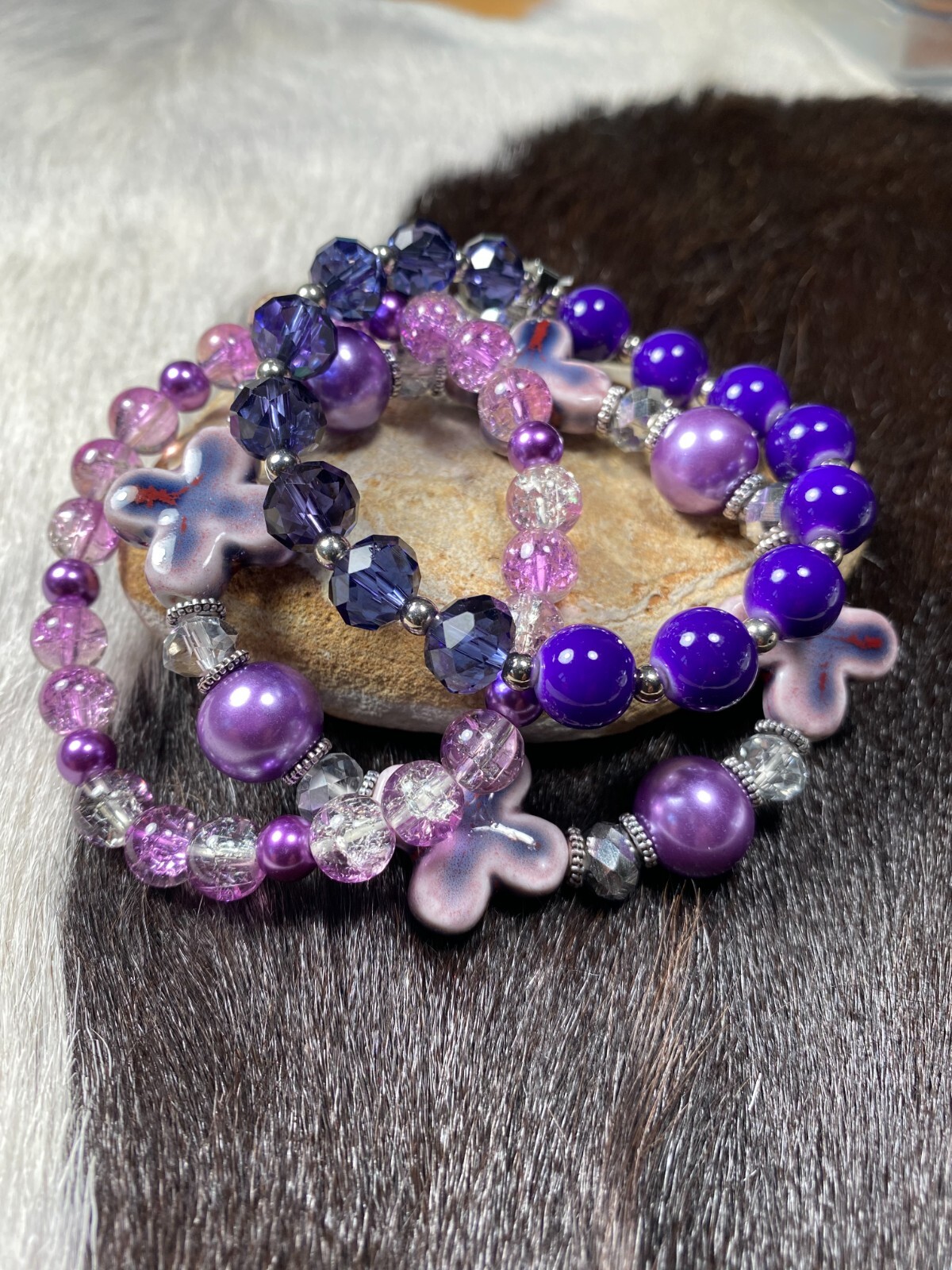 Stackable Beaded Bracelets PURPLE crystal charms Beaded Stretch Bracelet 3 pcs