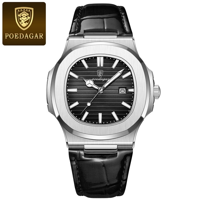 POEDAGAR Luxury Analog Men’s Watch Waterproof Luminous Leather Quartz Wristwatch