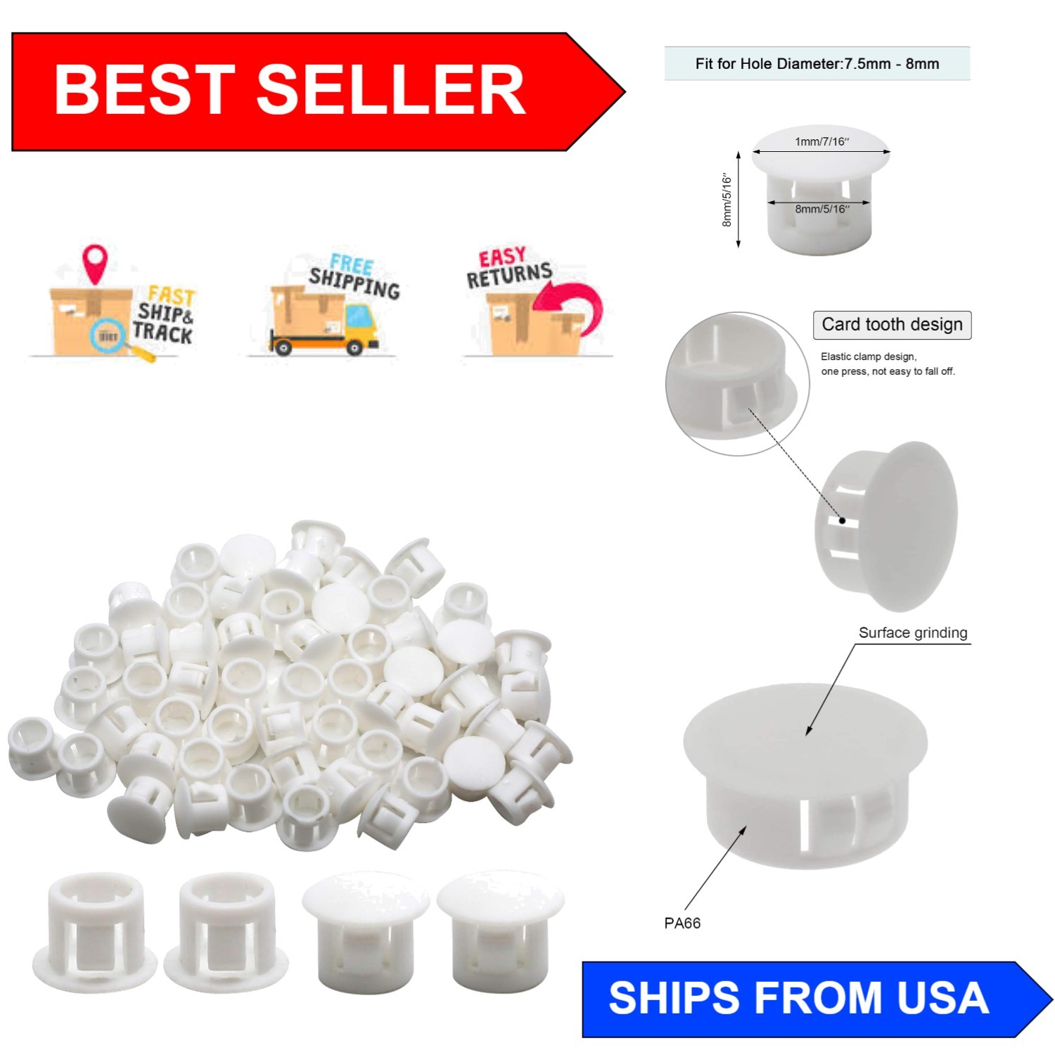8mm (5/16″) Durable Locking Plastic Hole Plugs – 60 Count for Home Improvement