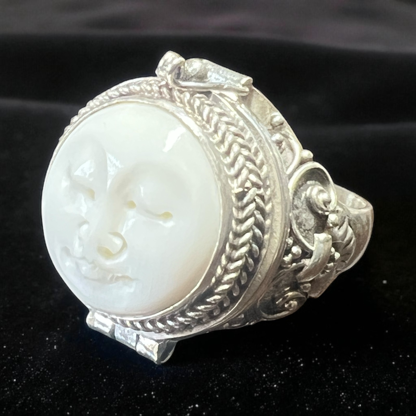 Poison Pill Box Sterling Silver 925 Ring W Bovine Bone Round Moon Face Sz 8,9,10