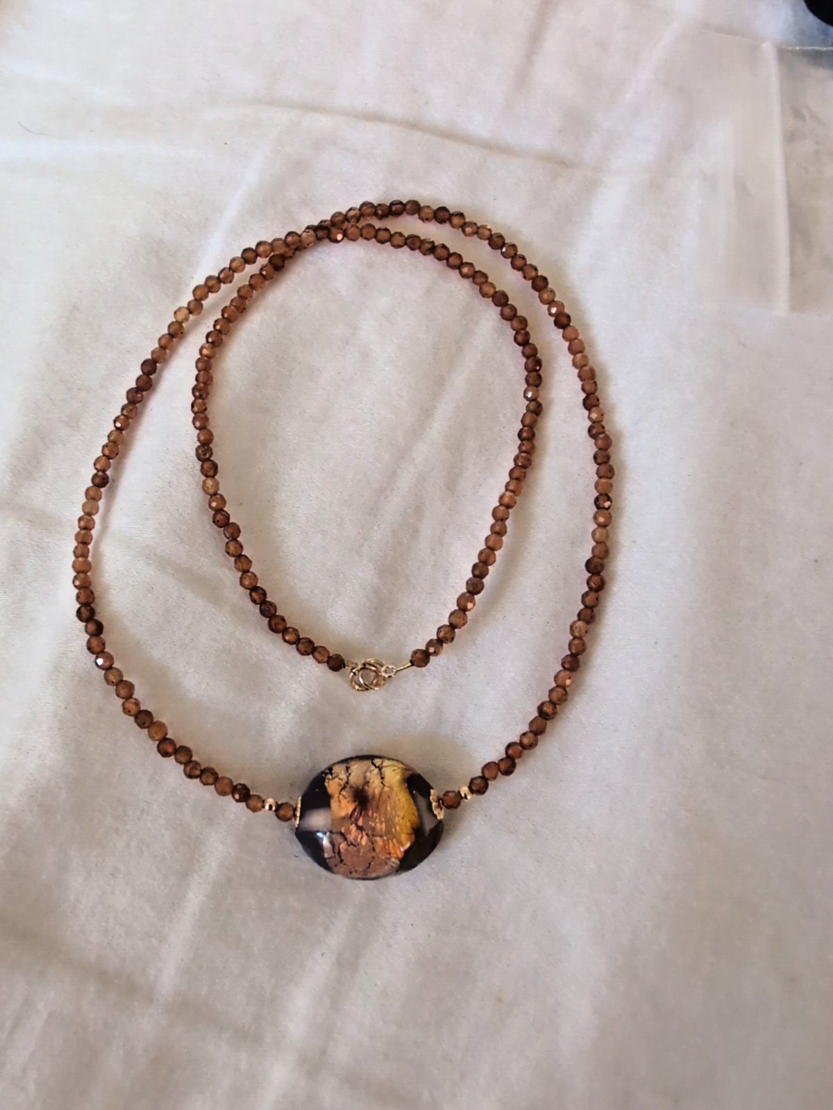 17” orange Spessartine garnet necklace ,Murano Art Glass with 14 k spring lock