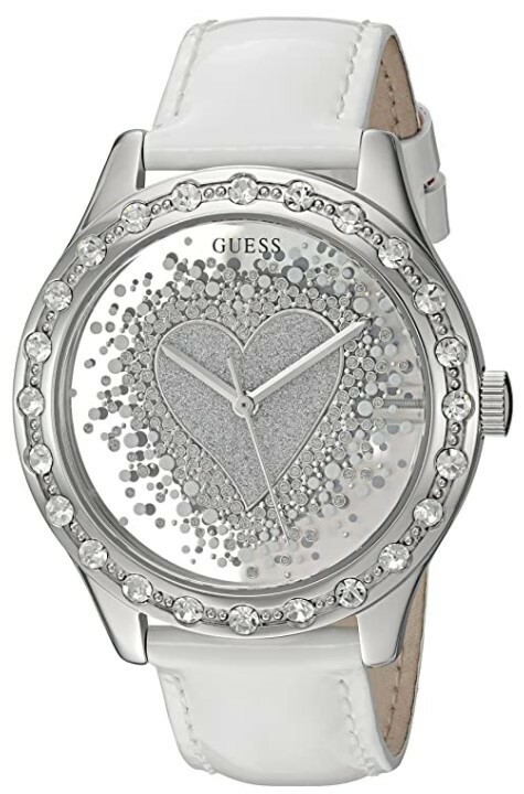 GUESS WOMEN’S WHITE Band HEART TRANSPARENT gem see through WATCH U0909L1 W0909L1