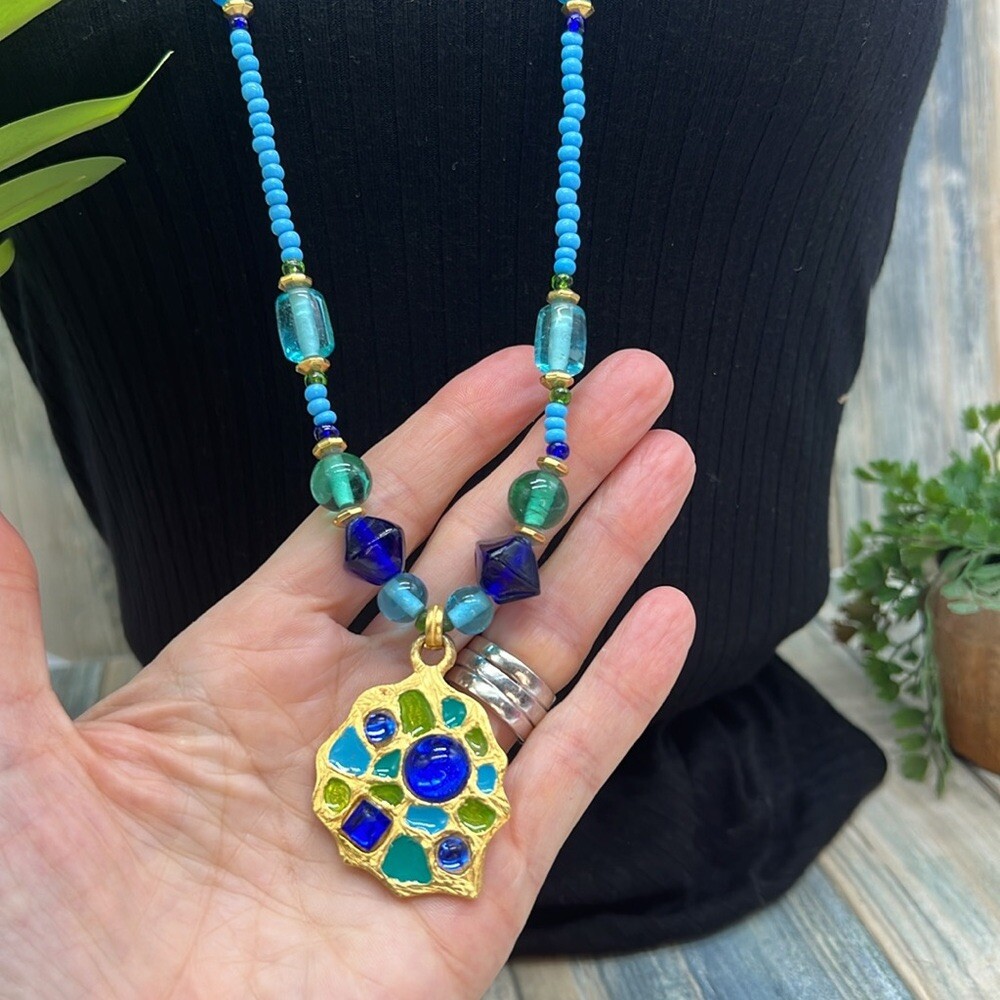 Vintage 90’s QVC Robert Rose signed blue bead long boho style pendant necklace