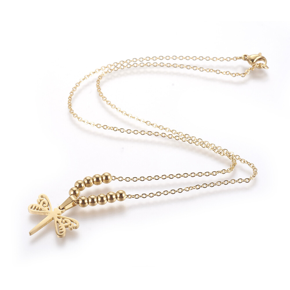 Stainless Steel Set Earrings Pendant Necklace Dragonfly Gold 18″ P865
