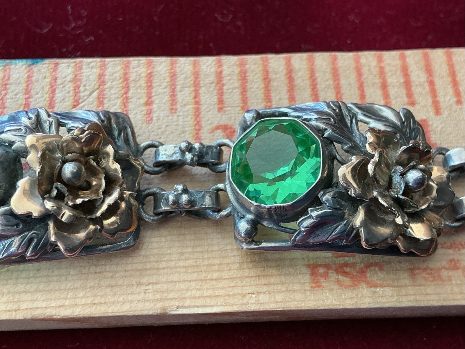 Signed Hobe 40’s Sterling Silver 1/20 14K Gold Floral Link Bracelet Green Glass