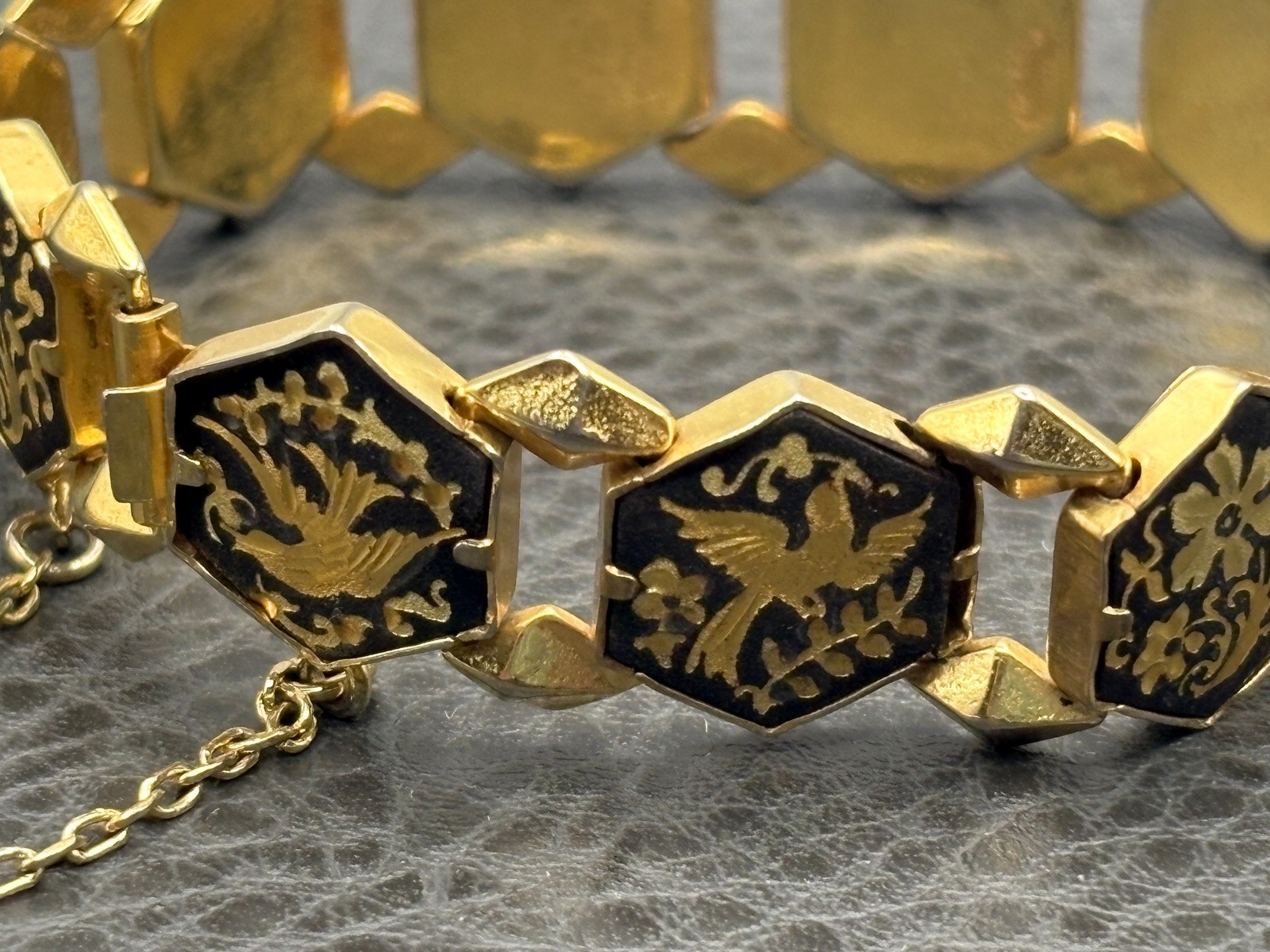 Vintage Damascene Gold Plated Hexagon Black Enamel Phoenix Bird Bracelet 7.25”