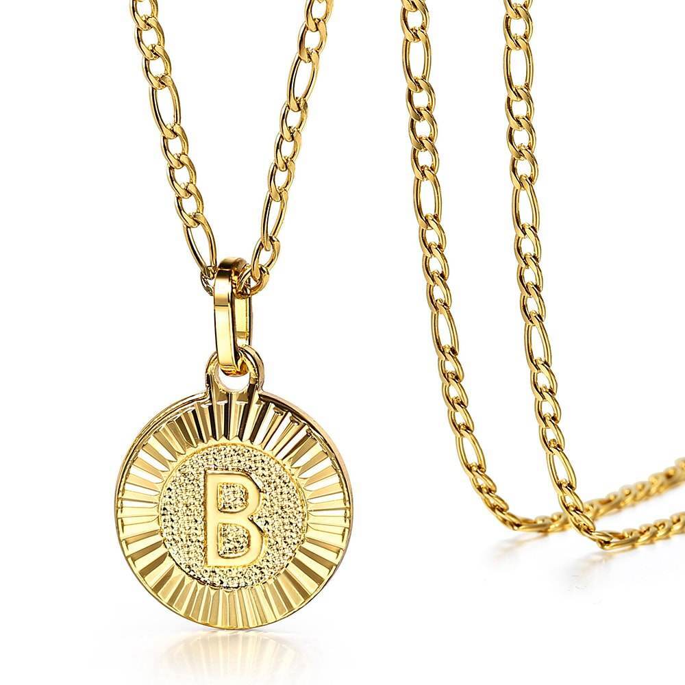 18″ New Gold Plated Initial Letter Necklace Pendant Stainless Steel Figaro Chain
