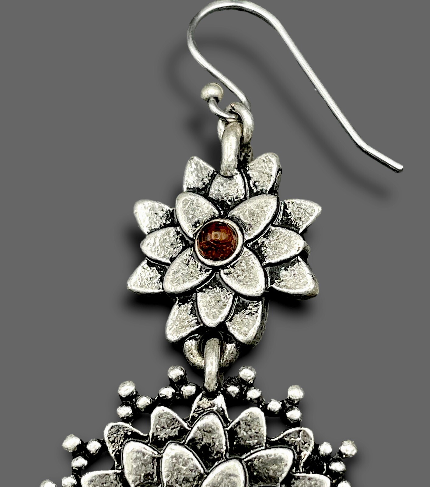 Double LOTUS DANGLE EARRINGS Boho Silver Tone Faux Turquoise Amber EUC🔥!SALE!🔥