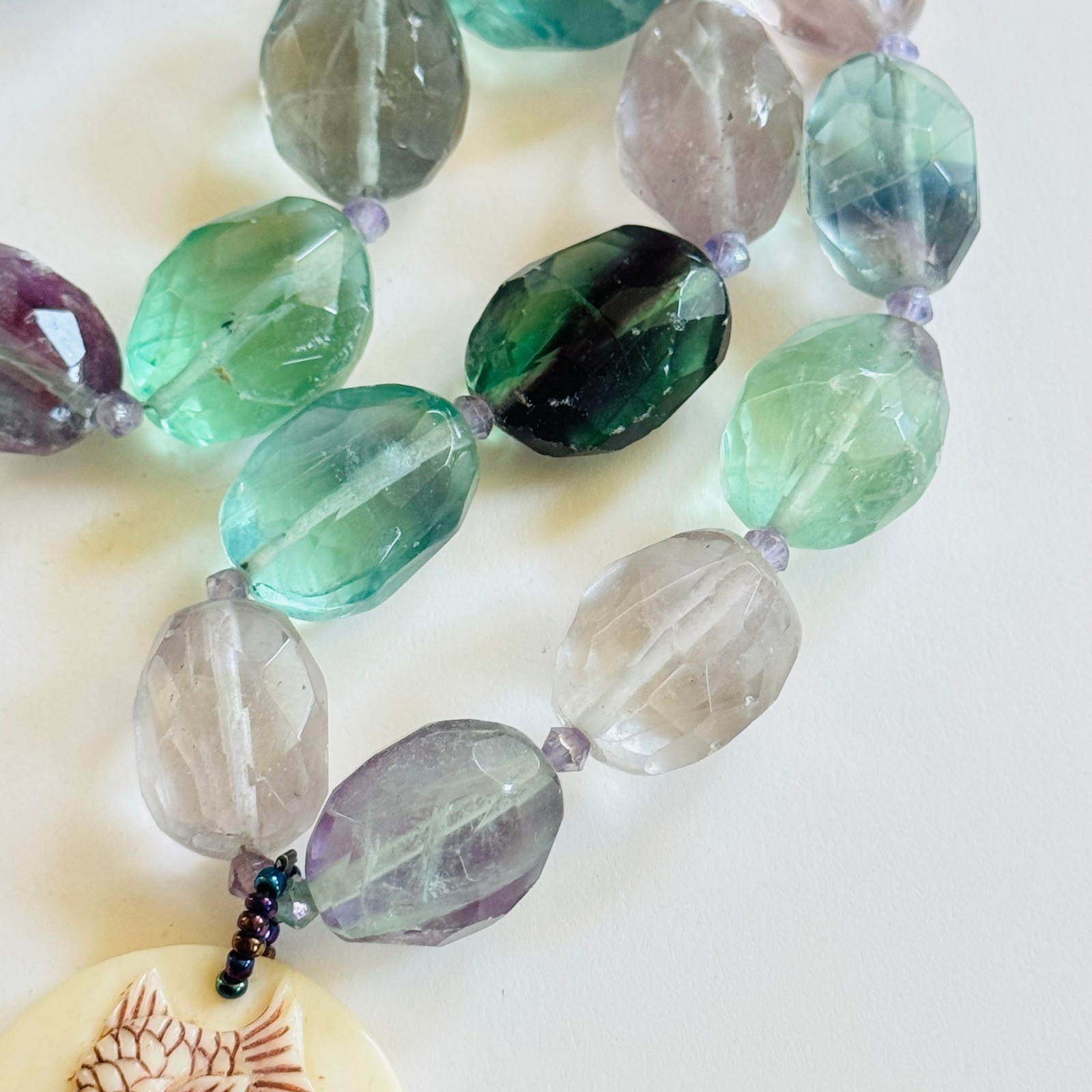 VTG Mermaid Rainbow Fluorite Necklace Natural Beads Whimsical sterling 925 18″